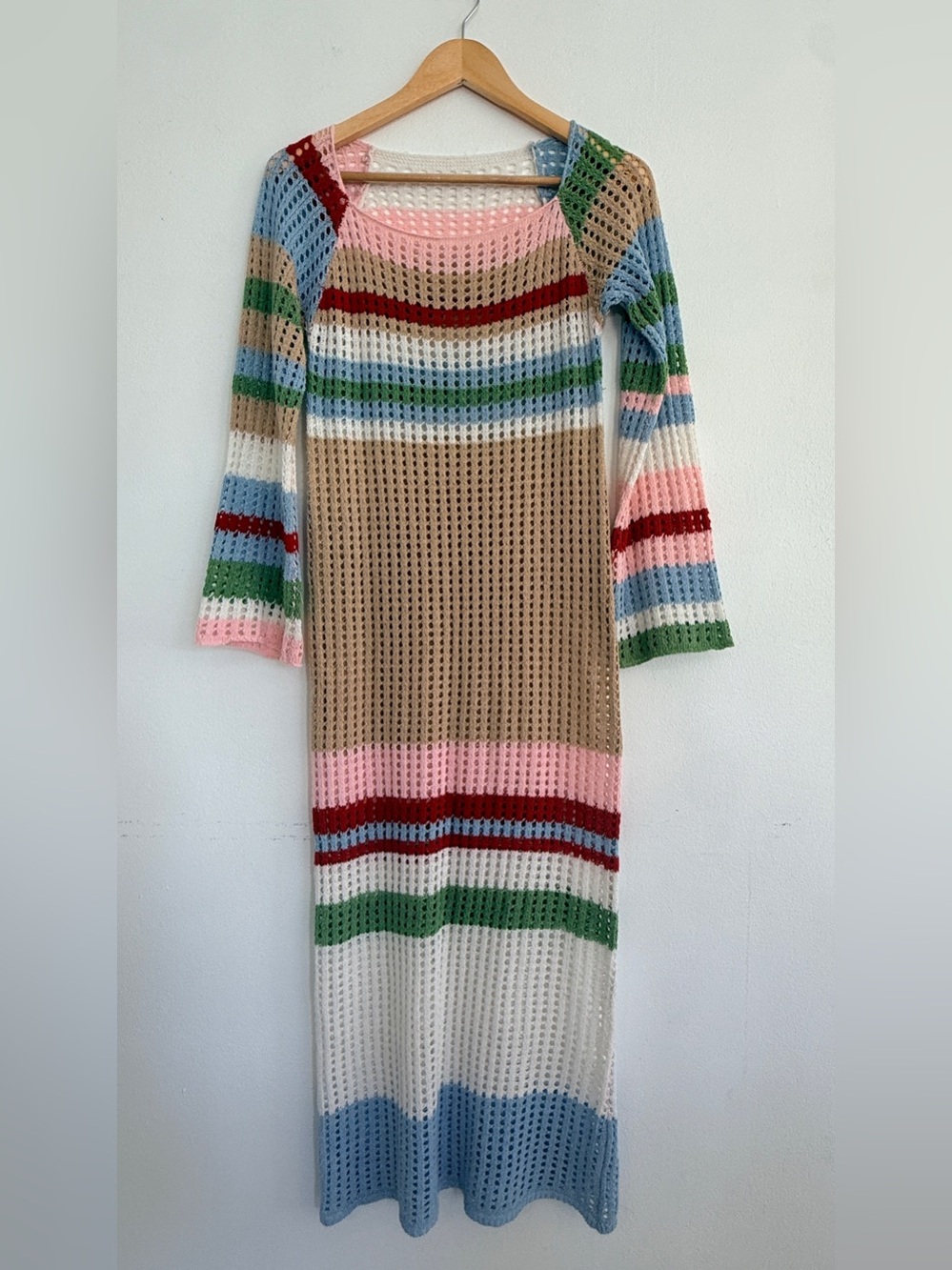 Boho Multicolored Striped Open Knit Crochet Maxi Dress Size Small